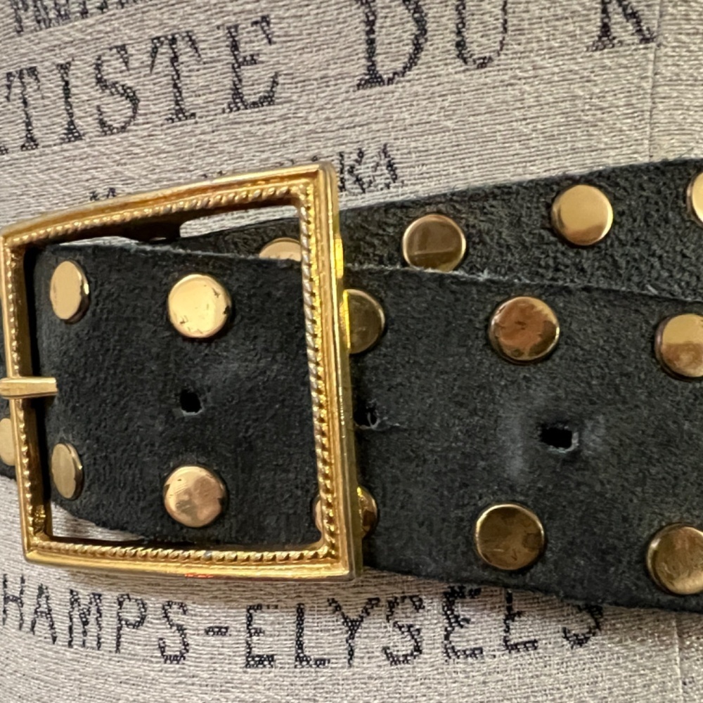 VINTAGE 80s Sage/Olive Suede Gold Tone Bling Studded Fashion Belt - unique! - Picture 2 of 14